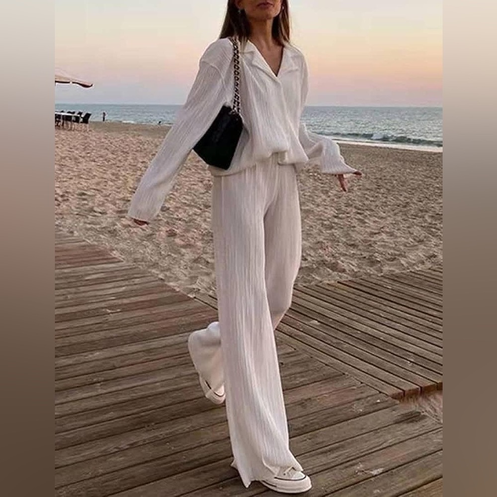 KOLAOYEP - White Pleated Set, Wide Leg Pants w/ Long Sleeve Button Down Shirt